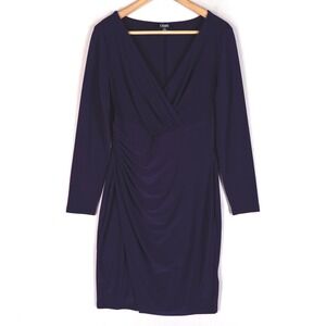 Chaps Womens Faux Wrap Dress Large Purple Long Sleeve Ruched V-Neck Sheath